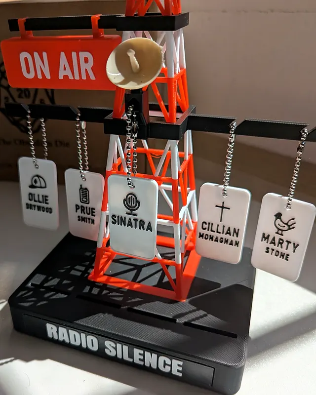 La torre vista en diagonal, con el cartel ON AIR, la antena y las chapas de los personajes